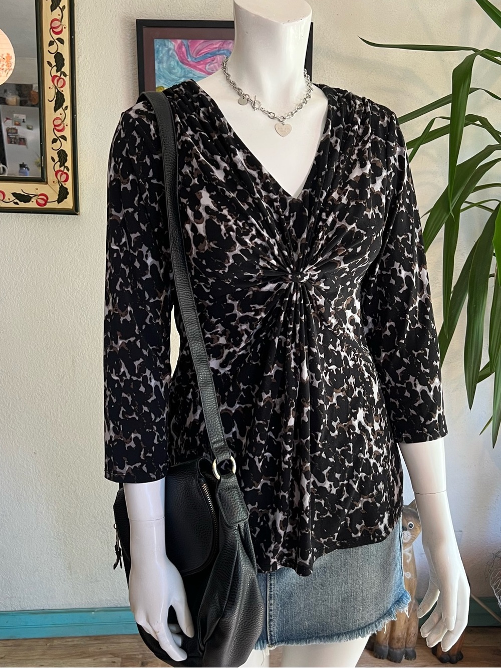 Daisy Fuentes Black and Taupe Animal-Print Twist-Front Long-Sleeve Dress